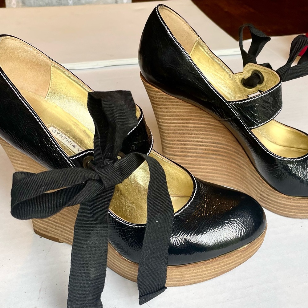 Cynthia Vincent Patent Leather Mary Jane Black Wedges with Ribbon Detail